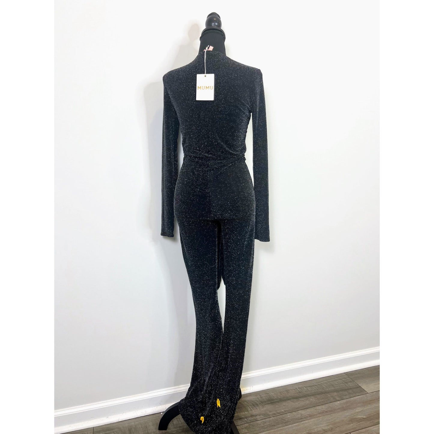 Show Me Your Mumu Martina Jumpsuit in Black Small Pull On Metallic Long Sleeve