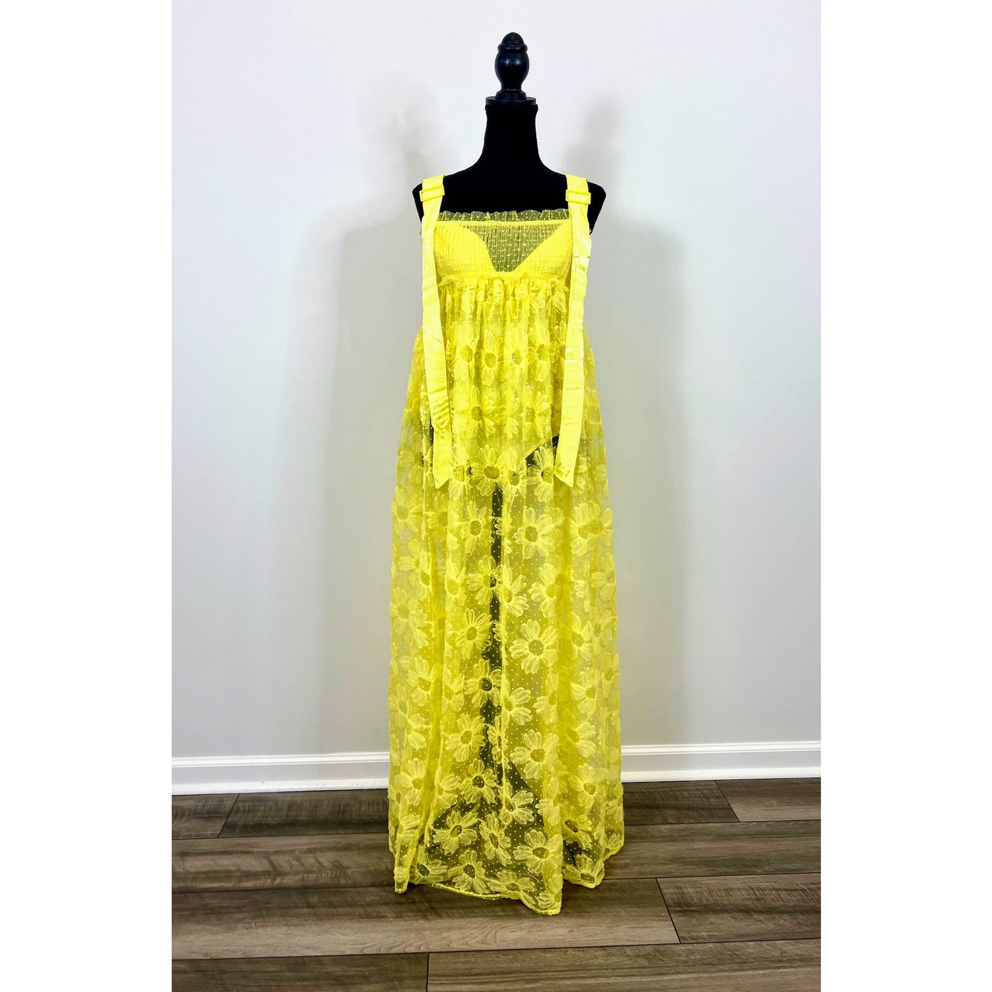 For Love & Lemons Emma Maxi Dress in Yellow Medium Floral Lace Sleeveless Lined