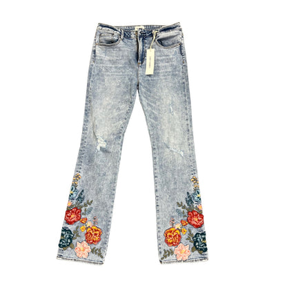 Driftwood Free People Floral Embroidered Bootcut Jeans Size 31 Denim Zip Fly