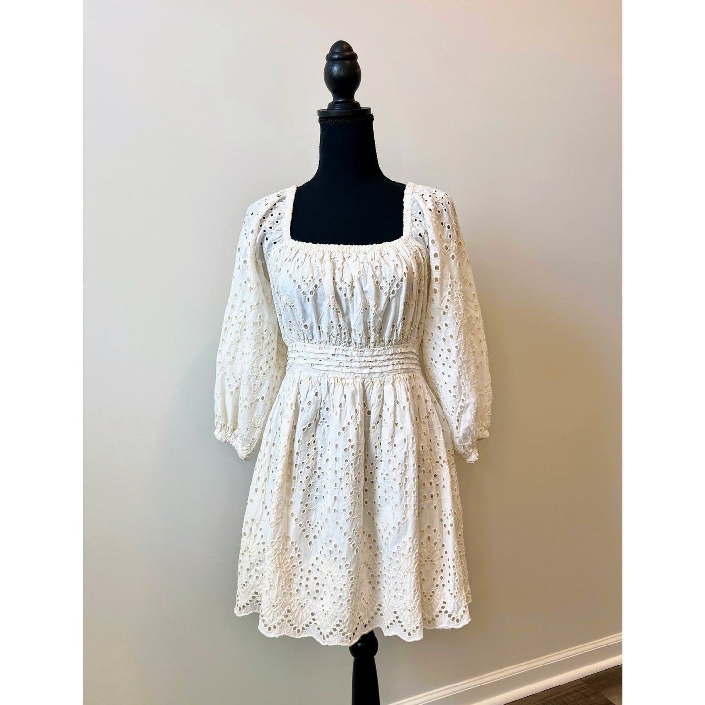 CleoBella Aria Mini Dress White Small Long Sleeve Embroidered Eyelet Tasseled