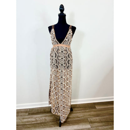 Free People Saltwater Happy Crochet Tan Coverup Maxi Dress Size XS Sleeveless