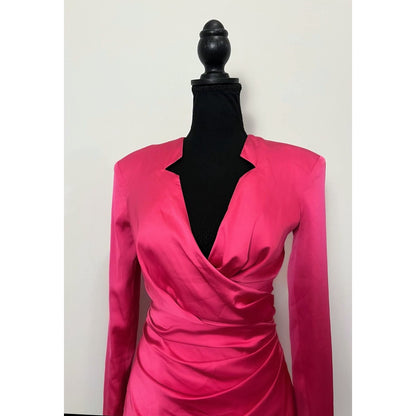 House of CB Nelinha Wrap Dress in Hot Pink Small Satin Long Sleeve V-Neck Lined