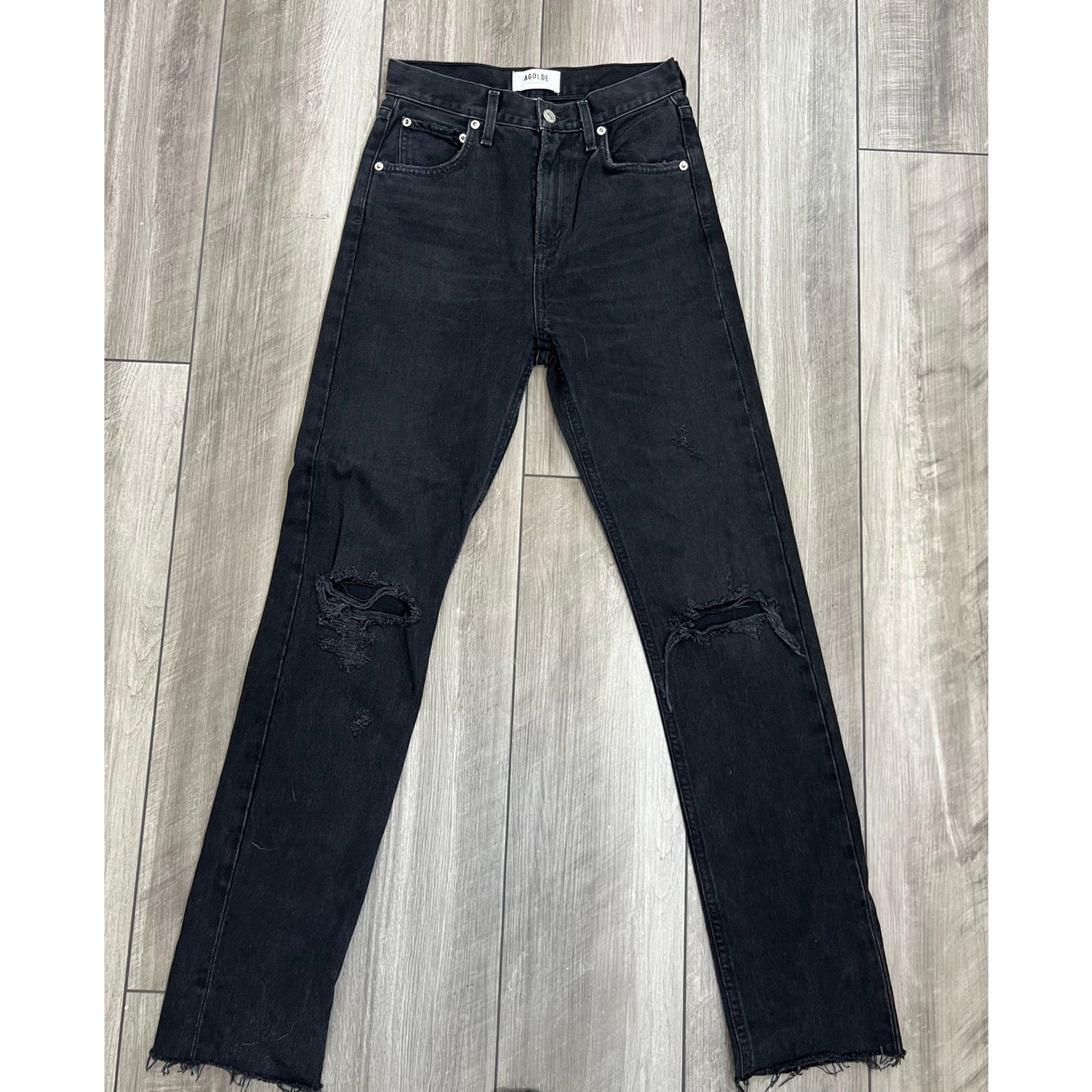 AGOLDE Cherie High Rise Straight Jeans in Black Size 23 Denim Distressed Raw Hem