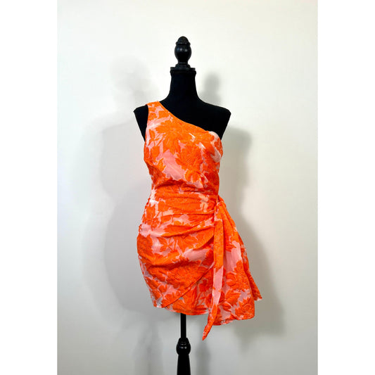 Showpo Brailey Mini Dress Orange Jacquard Size 4 Floral One Shoulder Wrap Front