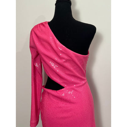 L'Agence Christie One Shoulder Dress in Pink Sequin Sz 6 Cutout Lined Side Slit