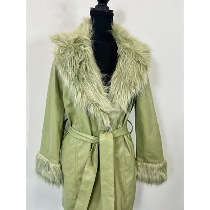 Show Me Your Mumu Penny Lane Coat in Sage Green Medium Faux Leather Lined Belted