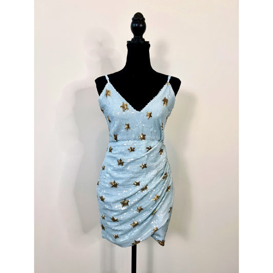 Superdown Dina Mini Dress in Sky Blue/Gold Star Small Sequins Sleeveless Party