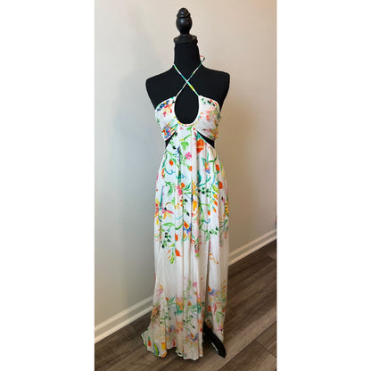 Rococo Sand Susan Maxi Dress in White Floral Halter Cutout Side Slit Summer