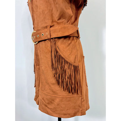 Show Me Your Mumu Outlaw Romper in Cognac Fringe Faux Suede Large Zip Front