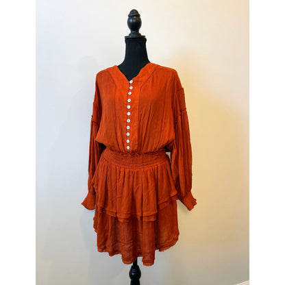 Free People Endless Summer Romi Mini Dress Rust Large Tier Layered Button Front