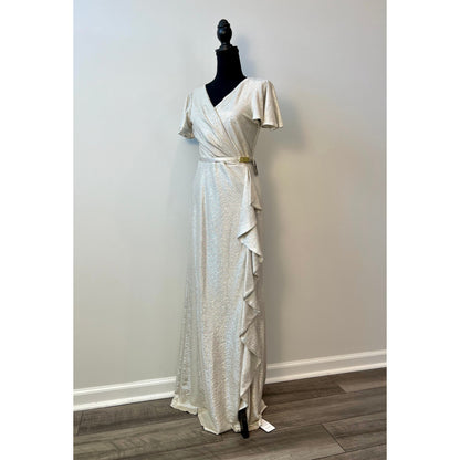 Ralph Lauren Belted Metallic Knit Flutter Sleeve Gown Dress in Champagne Size 2