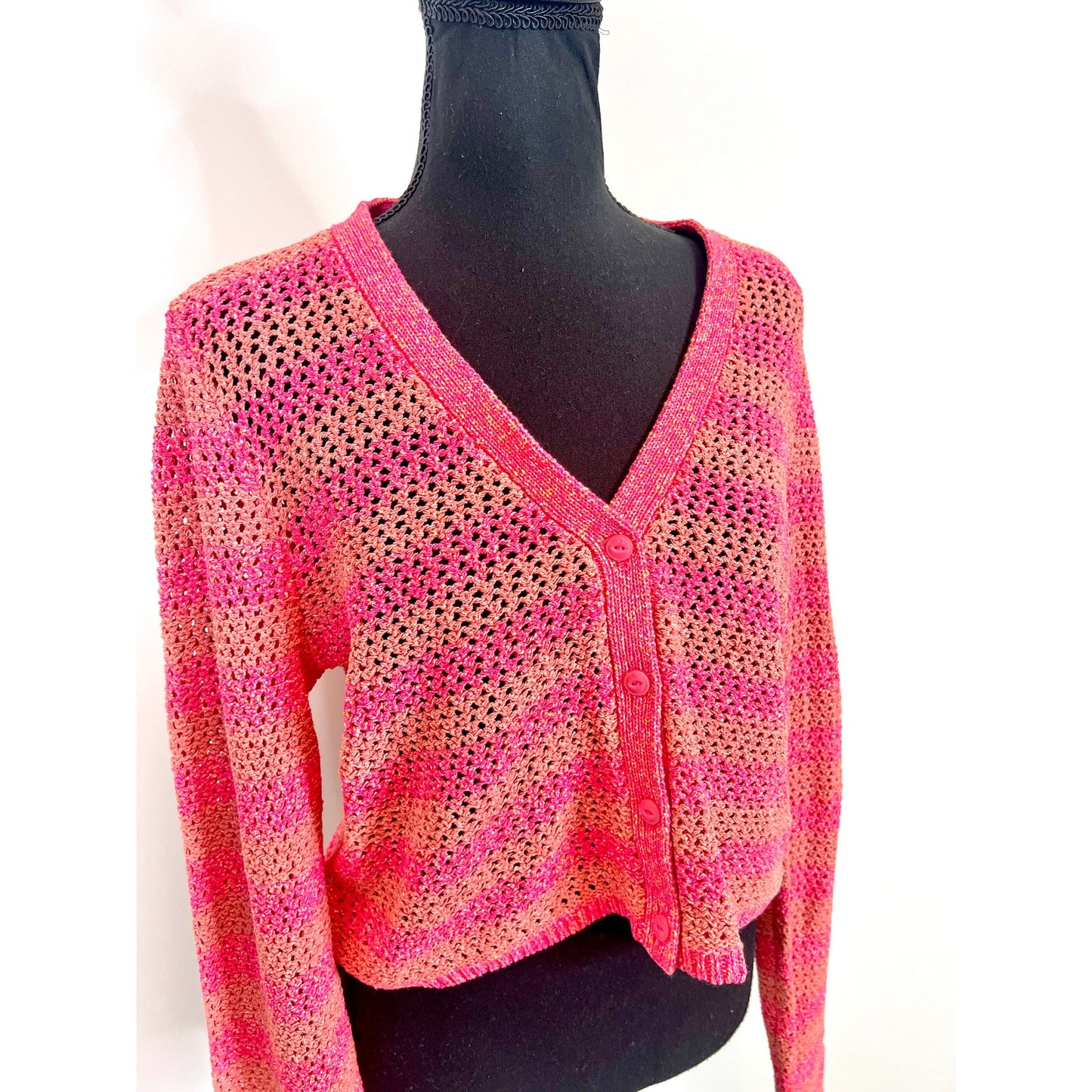 Rag & Bone Carson Cropped Crochet Cardigan Pink Multi Striped Large Button Front