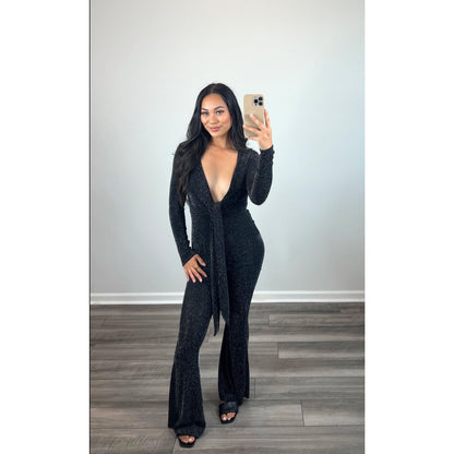 Show Me Your Mumu Martina Jumpsuit in Black Small Pull On Metallic Long Sleeve