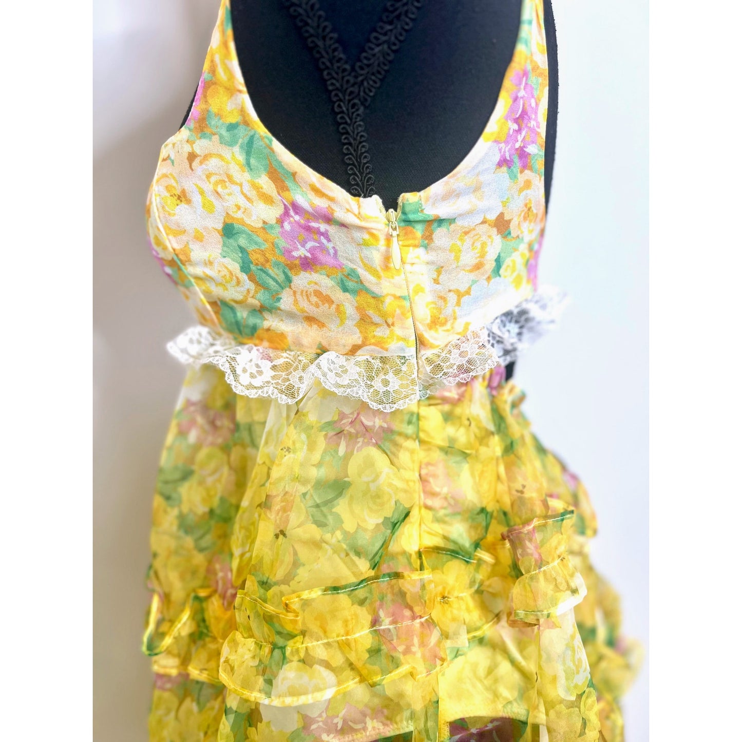 For Love & Lemons Vikki Sheer Tiered Floral Maxi Dress in Yellow Multi Size XS