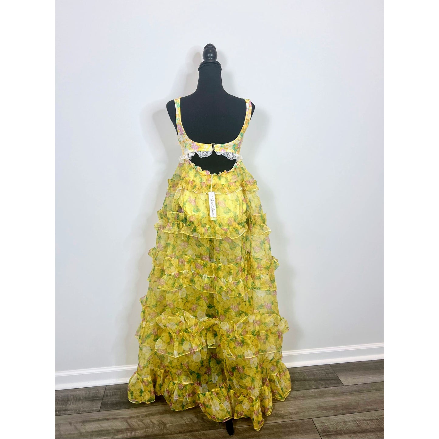 For Love & Lemons Vikki Sheer Tiered Floral Maxi Dress in Yellow Multi Size XS