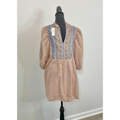 Anthropologie Embroidered Tunic Mini Dress in Beige Size XS Floral Print Boho