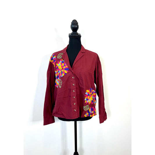 Anthropologie Maeve Embroidered Button Down Shirt in Burgundy Size 4 Long Sleeve