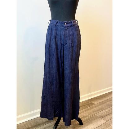 Savannah Morrow Hali Plisśe Pants in Blue Zip Fly Textured Flared Wide Leg Summer