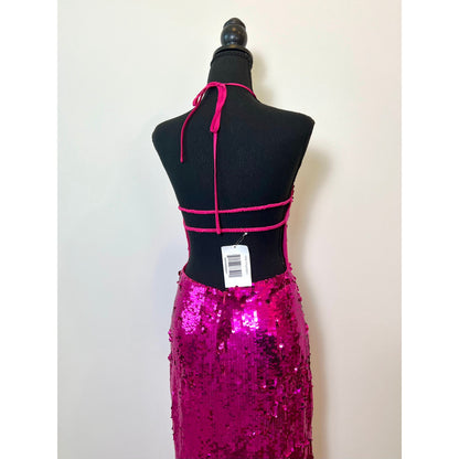 Cult Gaia Tasmina Sequin Halter Dress in Sparkle Pink Small Lined Backless Party