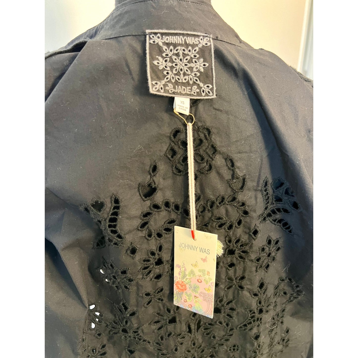 Johnny Was Maricruz Button Down Shirt in Black XS Long Sleeve Embroidered Eyelet