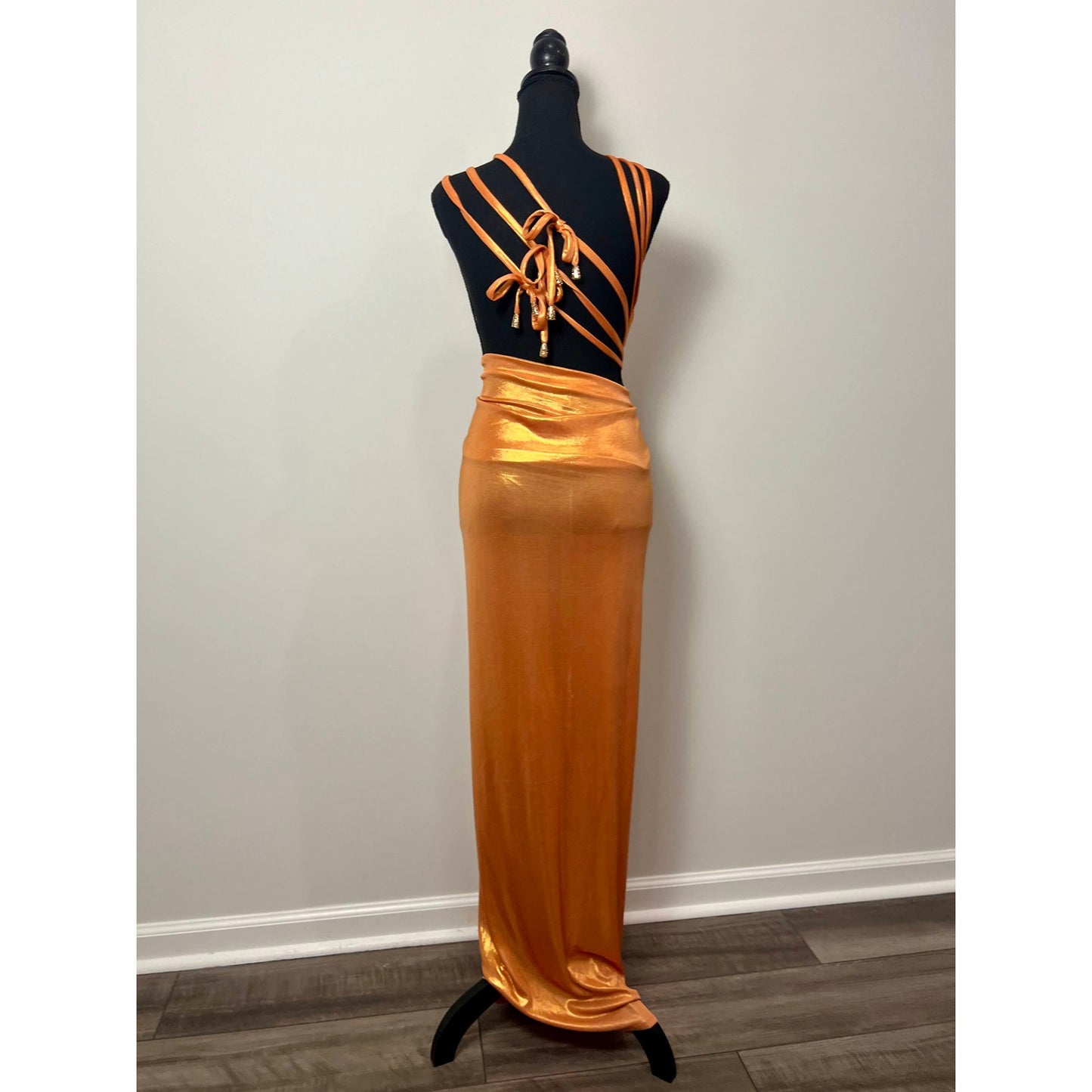 J. Angelique Mahala Maxi Dress in Metallic Orange Dress XS Cutout One Shoulder