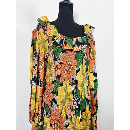 FARM Rio Black Garden Lenzing Dress in Yellow Floral Print Size XL Midi Summer