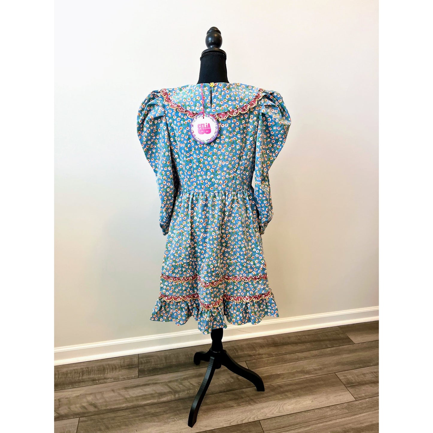 Celia B Cipress Corduroy Dress in Blue Large Floral Half Sleeve Sailor Tiered