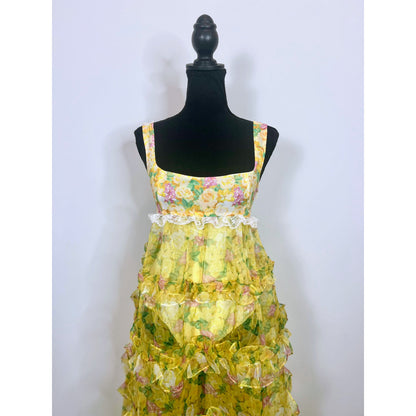 For Love & Lemons Vikki Sheer Tiered Floral Maxi Dress in Yellow Multi Size XS