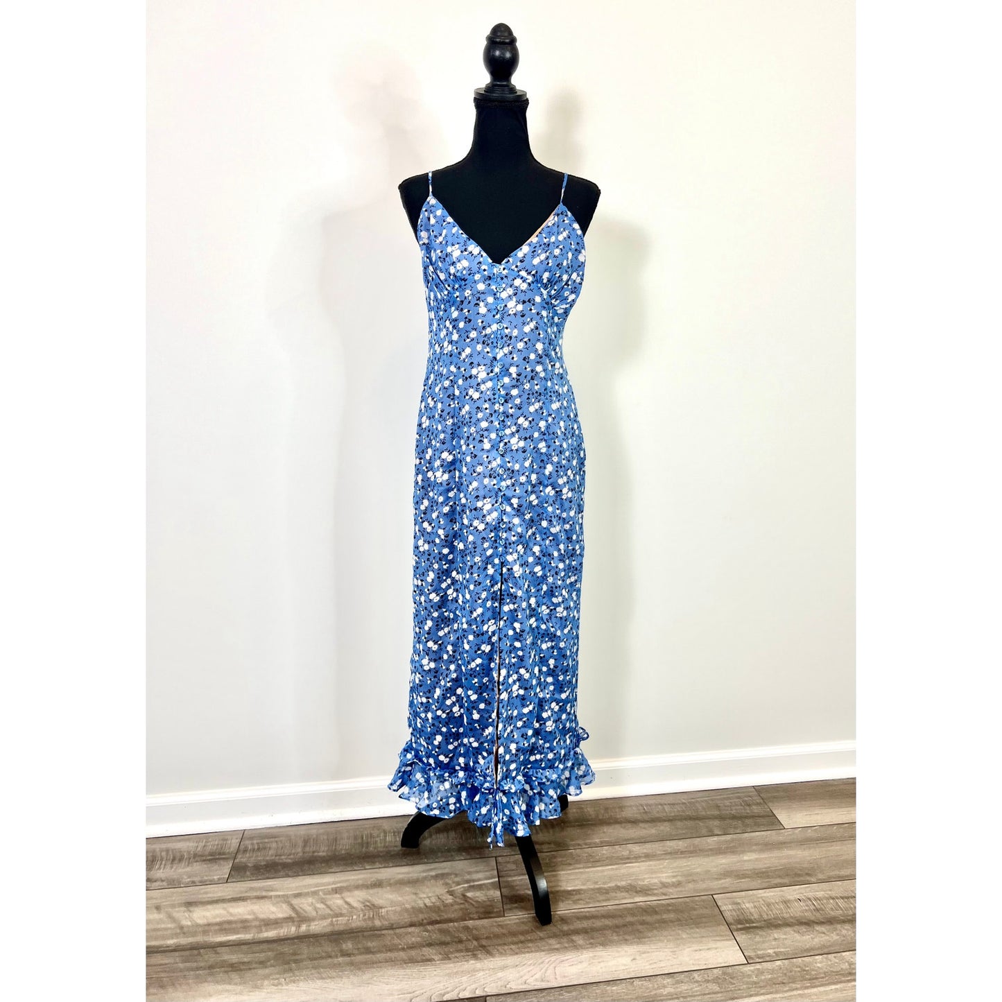 Majorelle Quincy Midi Dress in Blue Ditsy Floral Medium Button Front Lined Party