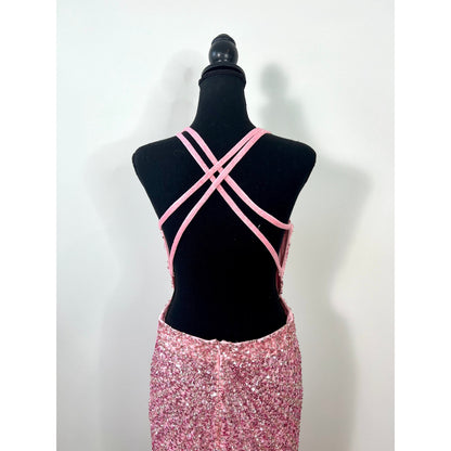 Mac Duggal Gown Maxi Dress in Pink Size 10 Strappy Beaded Column Sequin Cocktail