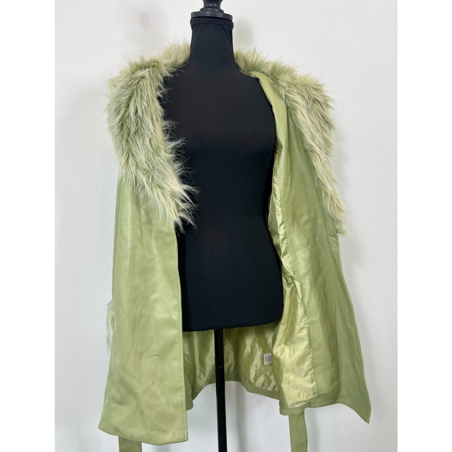 Show Me Your Mumu Penny Lane Coat in Sage Green Medium Faux Leather Lined Belted