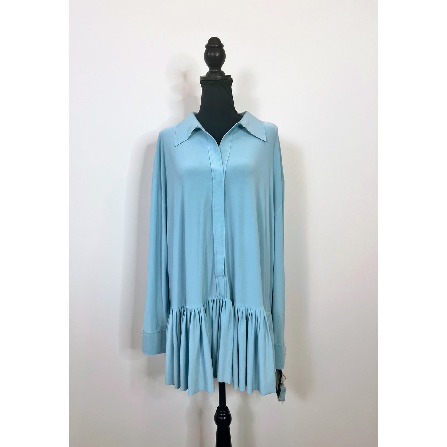 Norma Kamali Oversized Boyfriend Shirt Dress in Powder Blue Medium Ruffle Hem