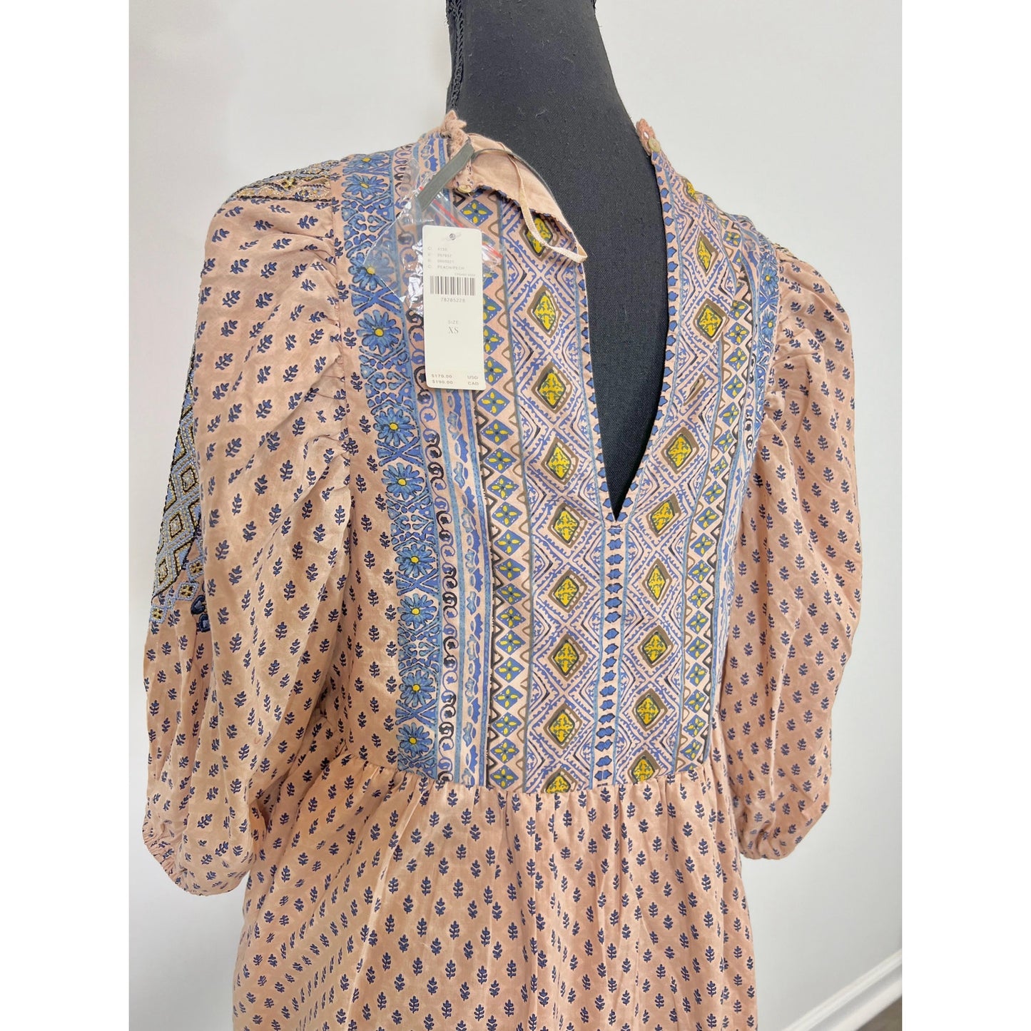 Anthropologie Embroidered Tunic Mini Dress in Beige Size XS Floral Print Boho