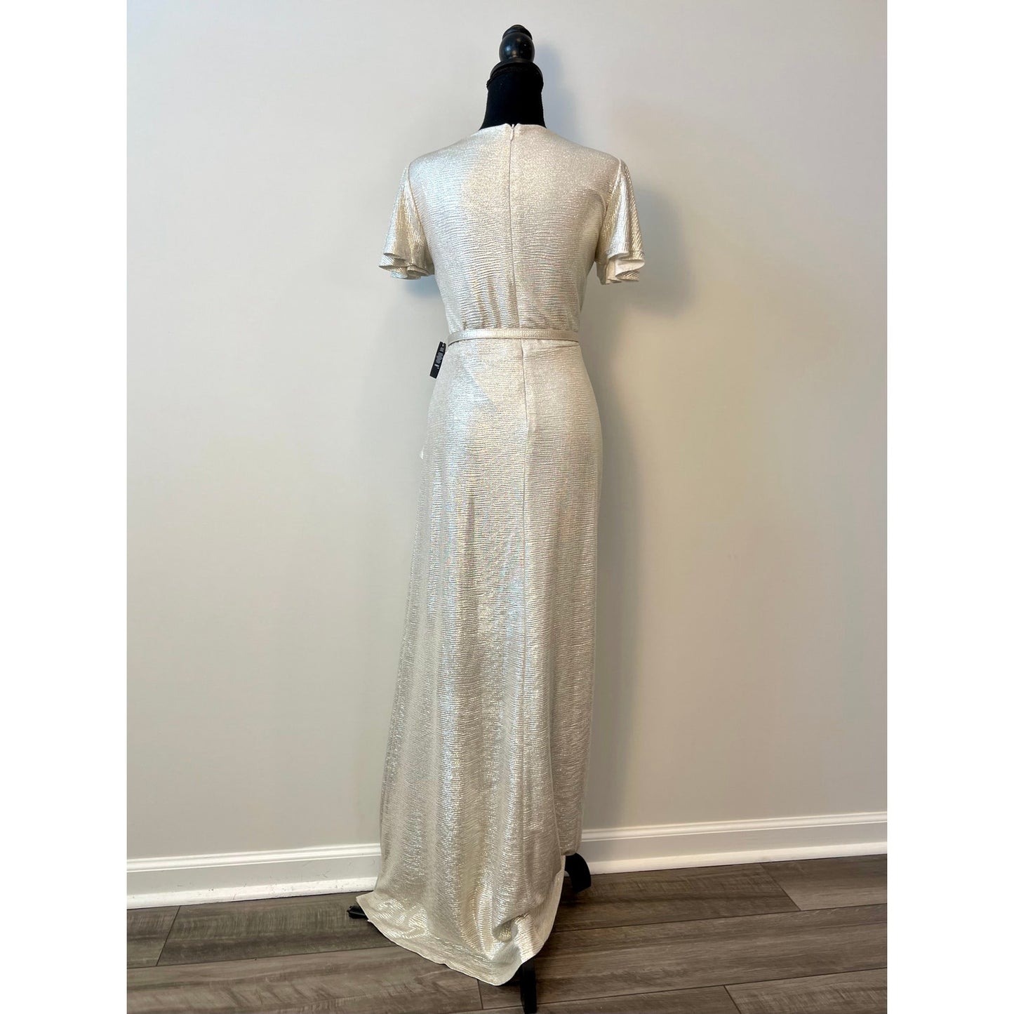 Ralph Lauren Belted Metallic Knit Flutter Sleeve Gown Dress in Champagne Size 2