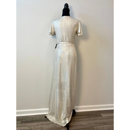 Ralph Lauren Belted Metallic Knit Flutter Sleeve Gown Dress in Champagne Size 2