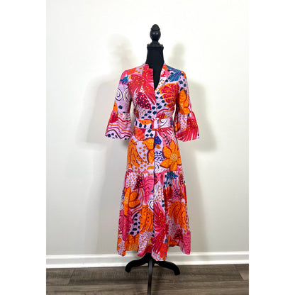 FARM Rio Warm Colors Printed Belted Maxi Dress Size XS Floral Belted Half Sleeve