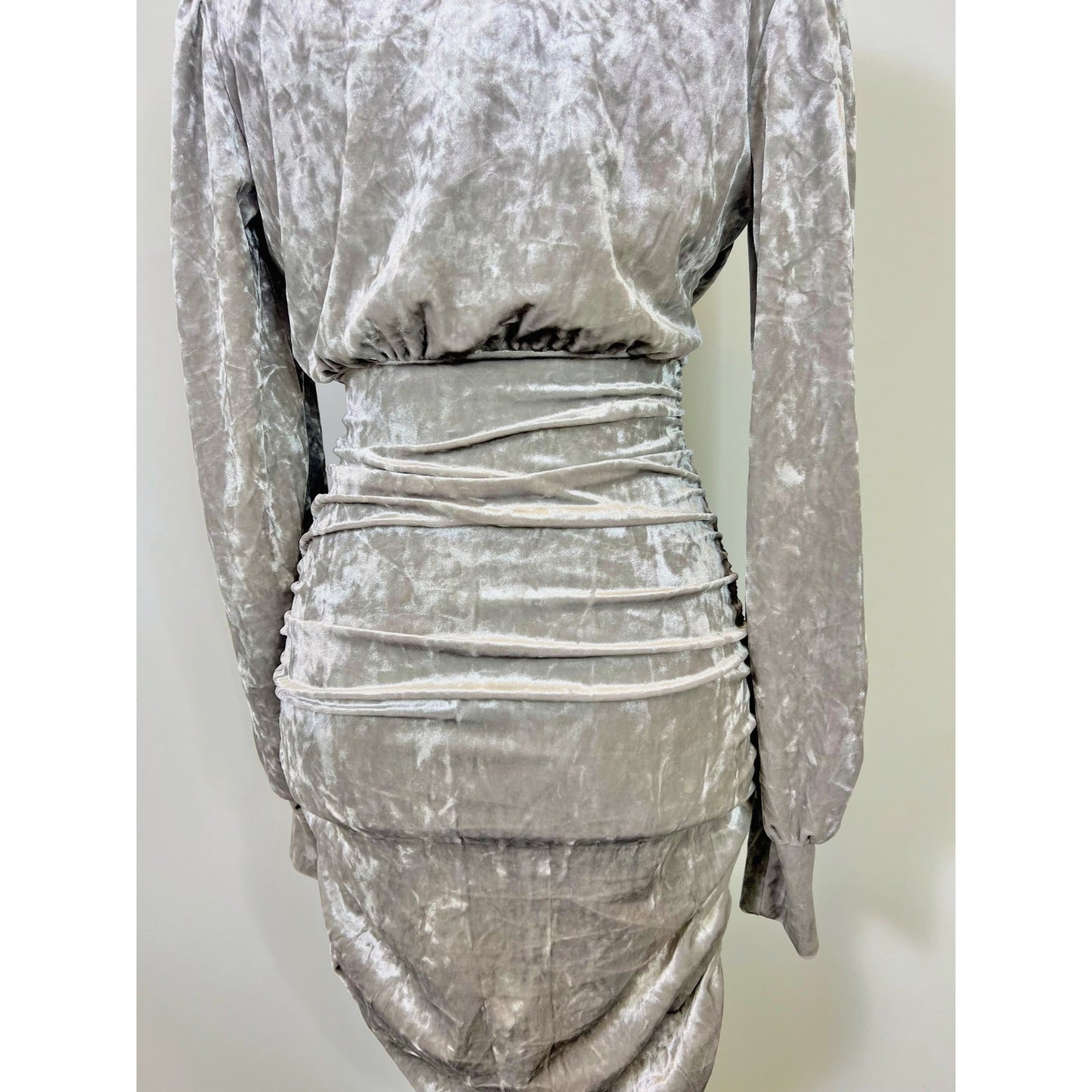 Steve Madden Kali Mini Dress in Silver Small Velvet Long Sleeve Ruched Lined