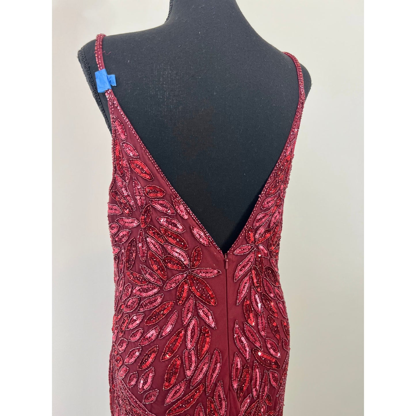 Mac Duggal Embellished Leaf Evening Gown Burgundy Size 10 Plunging Neck Cocktail