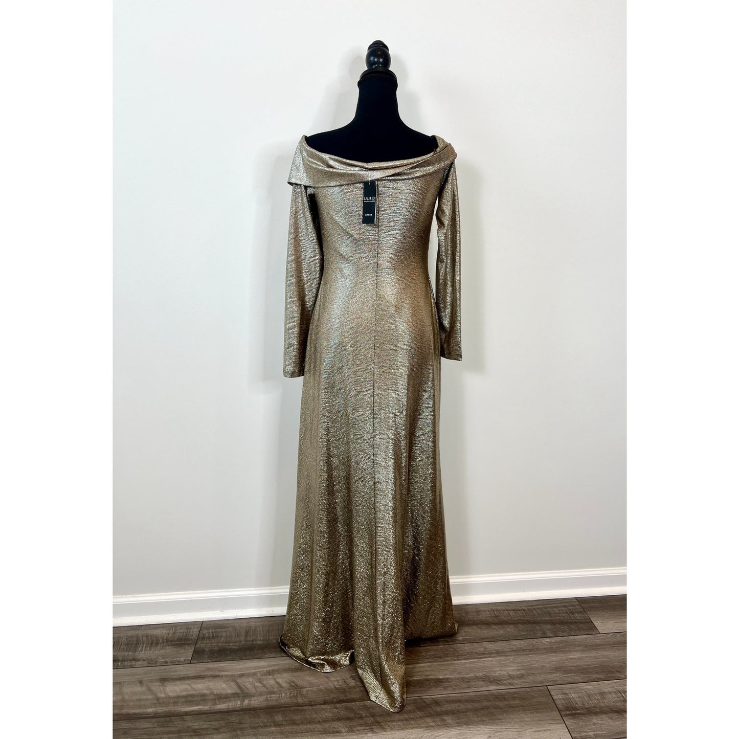 Ralph Lauren Metallic Knit Off-the-Shoulder Gown Maxi Dress Silver Size 8 Lined