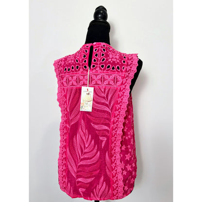 Johnny Was Leafy Concetta Blouse in Pink Size XS Sleeveless Embroidered Keyhole