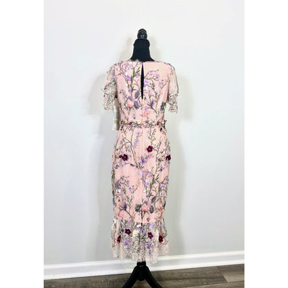 Marchesa Notte 3D Floral Embroidered Dress in Pink Size 6 Short Sleeve Lined