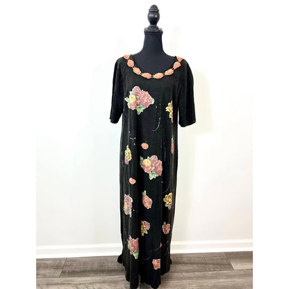 Jaded Gypsy Midnight Walks Maxi Dress One Size Embroidered Short Sleeve Cotton