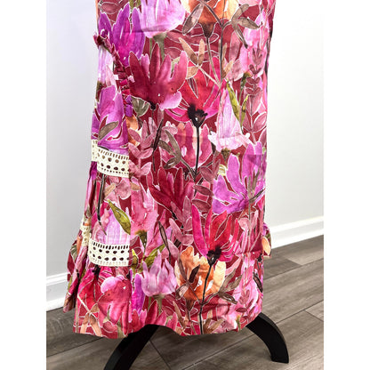 Isla & White Berta Summer Floral Caribbean Midi Skirt in Pink Multi Medium Lined