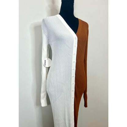 STAUD Shoko Sweater Dress Tan/White Size XL Knit Ribbed Button Front Long Sleeve