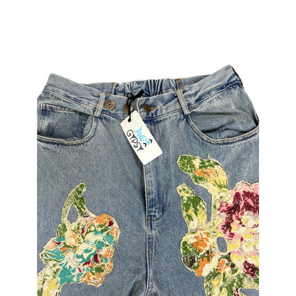 Jaded Gypsy Garden Walks Jeans Small/Medium Denim Floral Patch Zip Fly Raw Hem