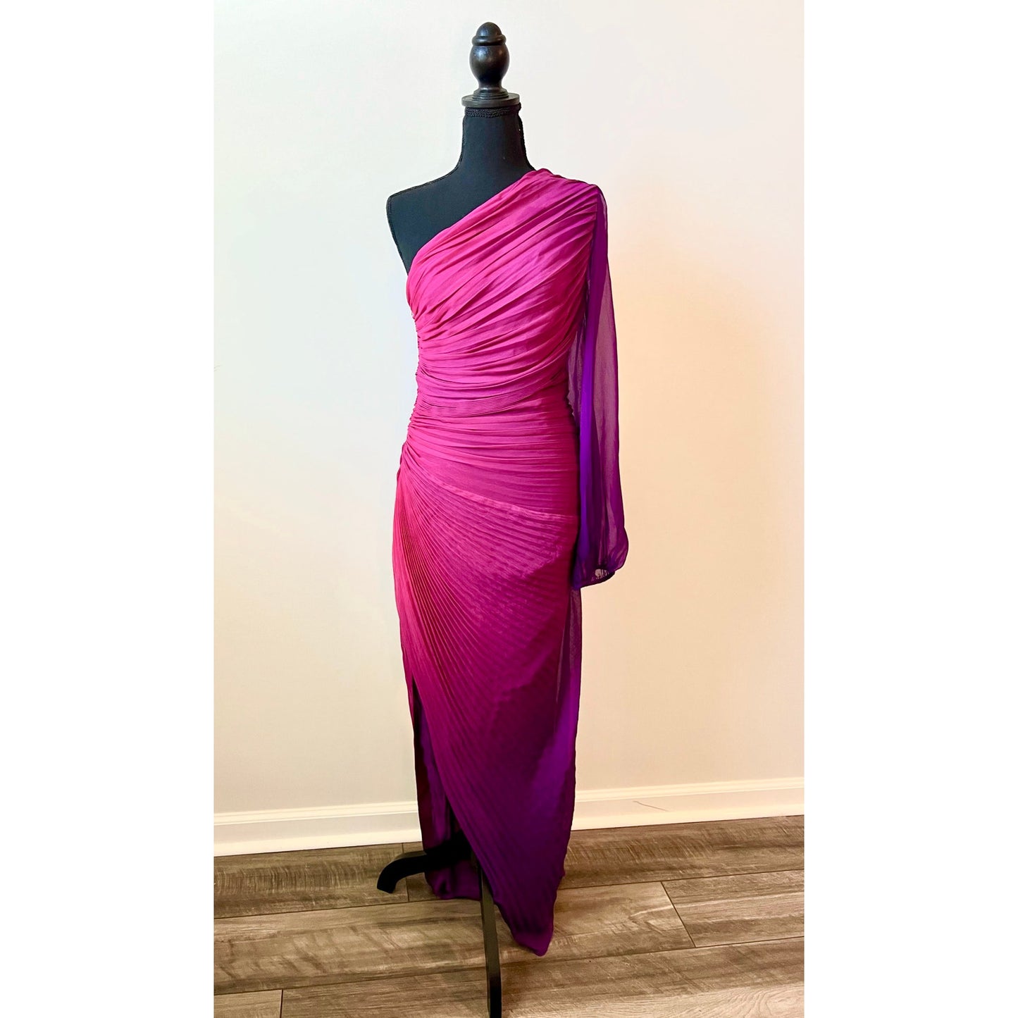 Rococo Sand Paige Long Dress in Pink/Purple Ombre One Shoulder Ruched Asymmetric