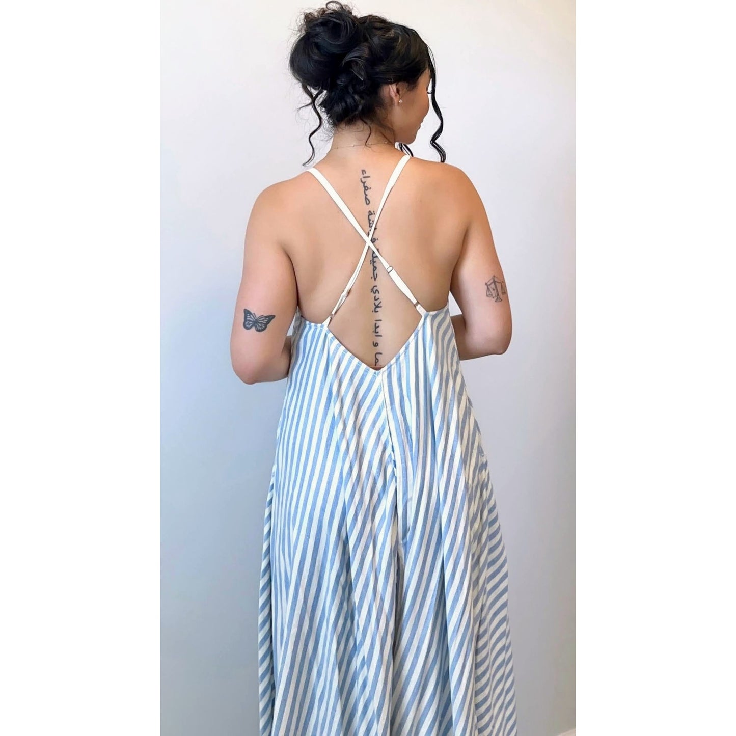 Free People Gracelynn Maxi Dress in Blue White Striped Small Embroidered V-Neck