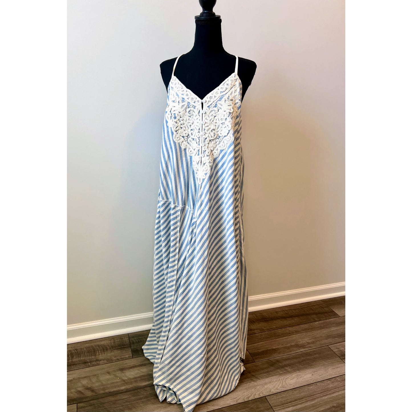 Free People Gracelynn Maxi Dress in Blue White Striped Small Embroidered V-Neck