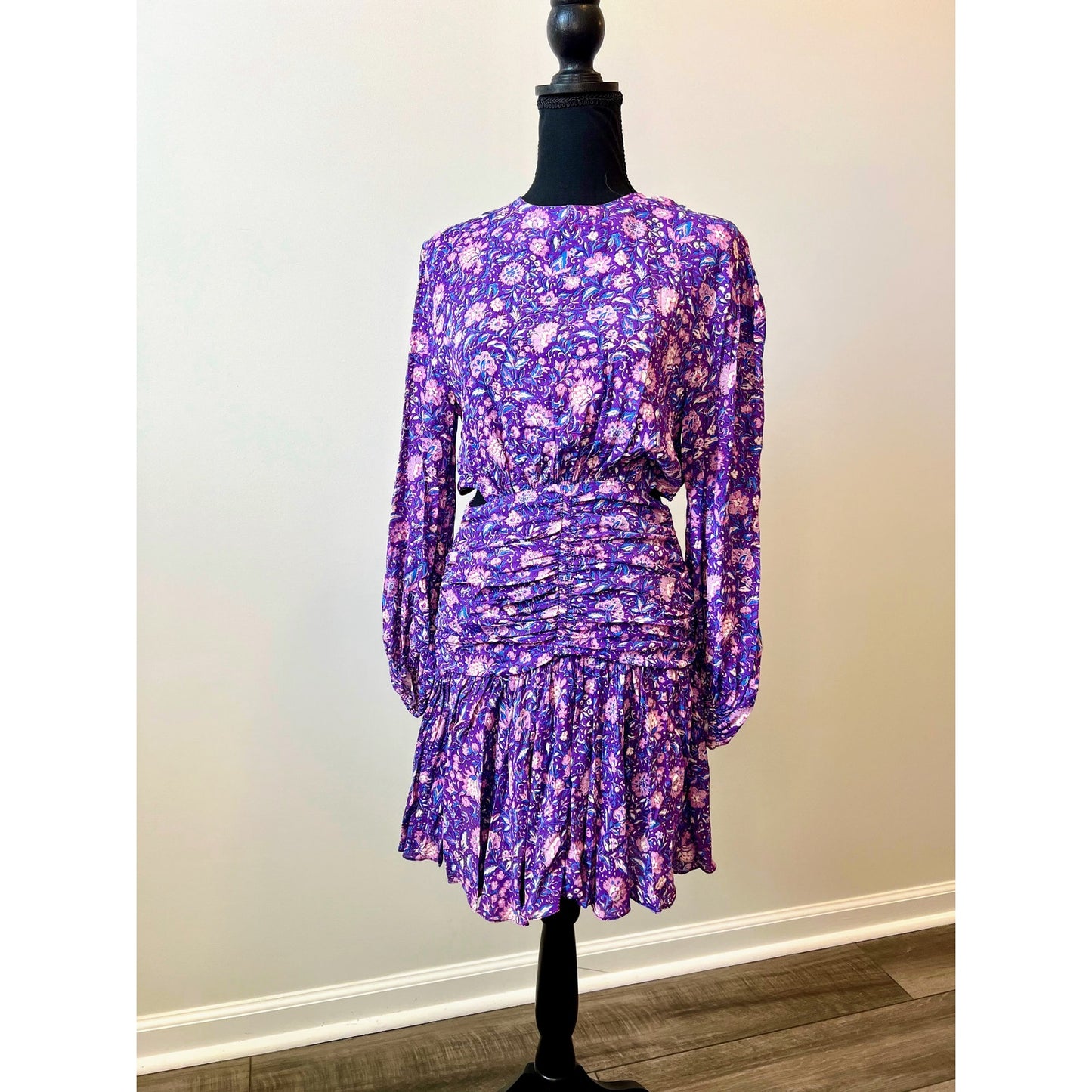 Maje Roleta Floral Cutout Dress Purple Size 36 Long Sleeve Ruched Ruffle Lined