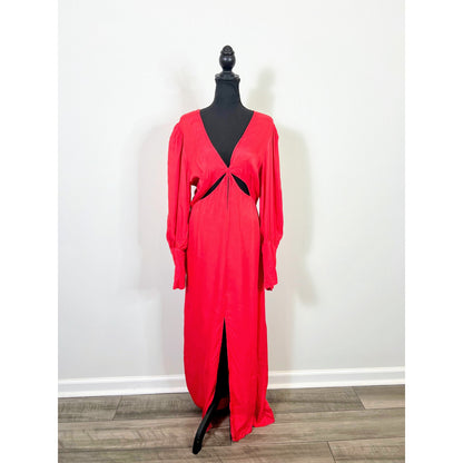 FARM Rio Maxi Dress in Red Large Cut Out Long Sleeve V-Neck Viscose Cocktail